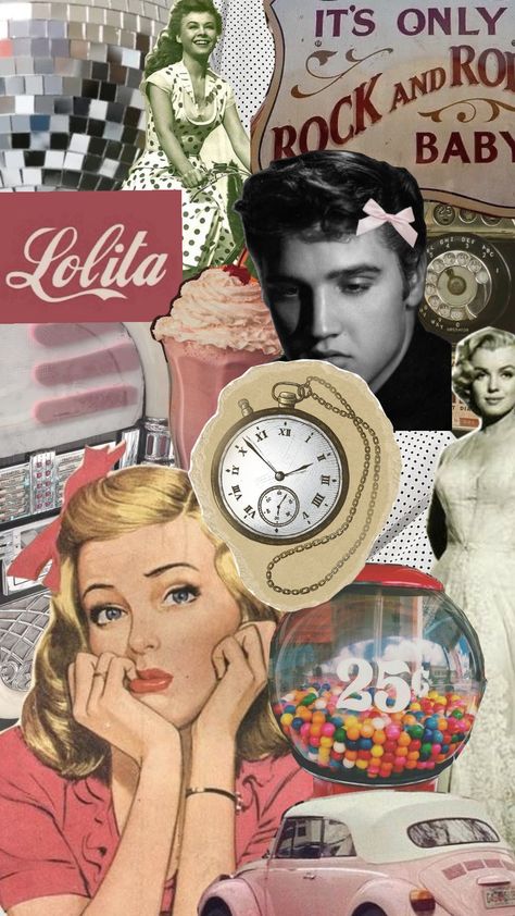 50's aesthetic wallpaper !! #50s #wallpaper #50saesthetic #marylinmonroe #elvispresley 50s Wallpaper Iphone, Marty From Grease, 1950s Aesthetic Wallpaper, 50s Aesthetic Wallpaper, 50s Icons, 1950s Greaser, Vintage 50s Aesthetic, 50's Aesthetic, Artist Core