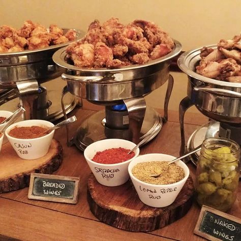 wings stop station Wedding Food Stations Buffet, Elegant Wedding Food Stations, Elegant Wedding Food, Reception Food Station, Chicken Bar, Wedding Food Bars, Veil Updo, Wedding Buffet Food, Food Truck Wedding