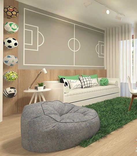 Soccer Kids Room, Soccer Themed Bedroom, Soccer Bedroom, Soccer Room, Football Rooms, Football Bedroom, Teenager Bedroom Boy, Teenage Boy Room, Boys Bedroom Makeover