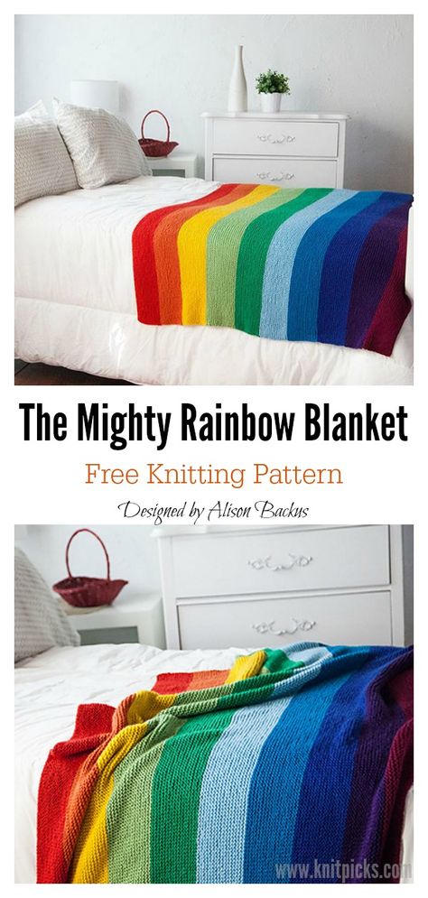 The Mighty Rainbow Blanket Free Knitting Pattern #startknittingfreepattern #easyknittingpatterns #knittingpatternsbeginner #knittingblanket Patchwork Knitting, Easy Blanket Knitting Patterns, Crochet Blanket Rainbow, Blanket Squares, Blanket Decor, Knit Patchwork, Knitting Patterns Free Blanket, Pattern Rainbow, Rainbow Blanket