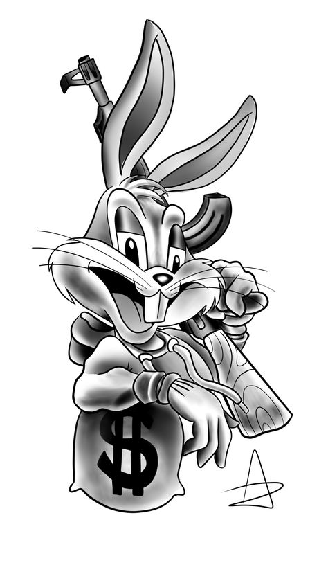 Gangsta Money Tattoo, Bugs Bunny Tattoo Design, Donald Duck Tattoo Gangsta, Bugs Bunny Tattoo, Mandala Chest Tattoo, Cartoon Legs, Medusa Tattoo Design, Old Cartoon Characters, Tattoo Shading