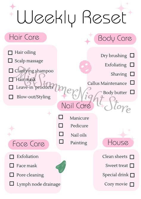 Weekly Reset Checklist for the Girls - Etsy Canada Clean Girl Checklist, That Girl Checklist, Weekly Selfcare Checklist, Skin Care Checklist, Self-care Routine List, Glowup Checklist, Weekly Reset Routine Checklist, Weekly Reset Checklist, Sunday Reset Routine Checklist For Teens