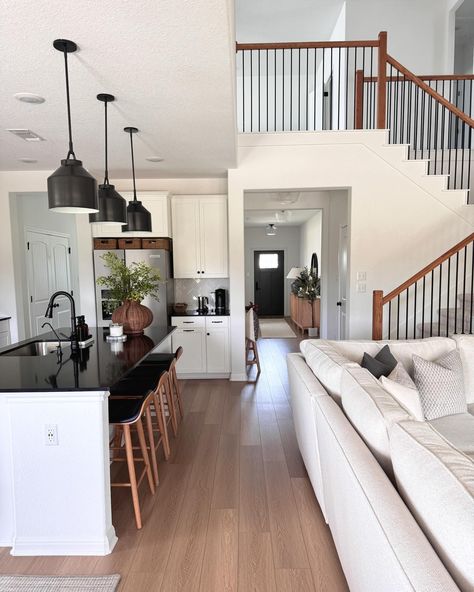 Wednesday Views ⛅️ Comment “VIEWS” for a link to shop! 💚 Sharing some stills today from a different view point in my home. One thing I love is our open concept and vaulted ceilings. Modern Transitional Home, Cozy Home, Pottery Barn Sectional, Pendant Lights, Open Concept #boujeeonabudget #homeinspo #homedecorideas #kitchenisland #newbuild #openconcept Open Concept Kitchen Dining Living Room Vaulted Ceiling, Vaulted Open Concept Layout, Small Home Open Concept, Dream Home Open Concept, Open House Concept, Open Floor Concept Living Room, Open Floor Plan Living Room And Kitchen Farmhouse Cathedral Ceilings, Open Floor Kitchen And Living Room, Cozy Open Concept