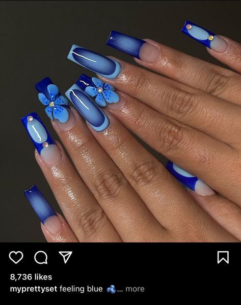 3d Flower Nails Blue, Blue And White Wedding Nails, Blue 3d Flower Nails, Bright Blue Nails, Nail Practice, Tips Nails, 3d Flower Nails, Square Nail Designs, Beauty Nails Design