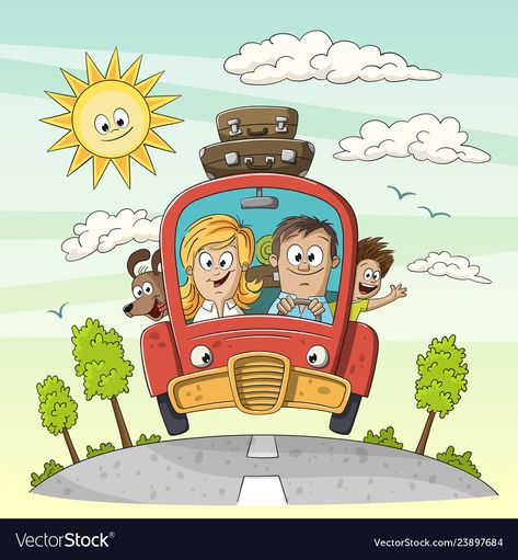 Vacation With Dog, Car Illustration Art, Travel Cartoon Illustration, Car Cartoon Cute, Family In Car Illustration, Car Cartoon Illustration, Car Chase Illustration, Car Ride Illustration, Car With Luggage Illustration