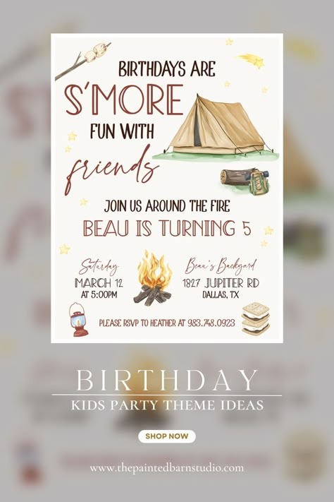 Get ready for an unforgettable camping birthday party! 🏕️🎉 Gather your friends for a night under the stars, roasting marshmallows, and sharing stories by the campfire. Don't forget your sleeping bags and sense of adventure! #CampingBirthdayParty #OutdoorCelebration #CampfireFun #ThePaintedBarnStudio Camping 2nd Birthday Party, Indoor Camping Birthday Party Ideas, Camping Third Birthday Party, Four Year Old Camping Birthday, Campfire Birthday Party Ideas, Camping Themed Birthday Party, Camping Birthday Party Ideas, Camping Party Ideas, Camp Birthday Party