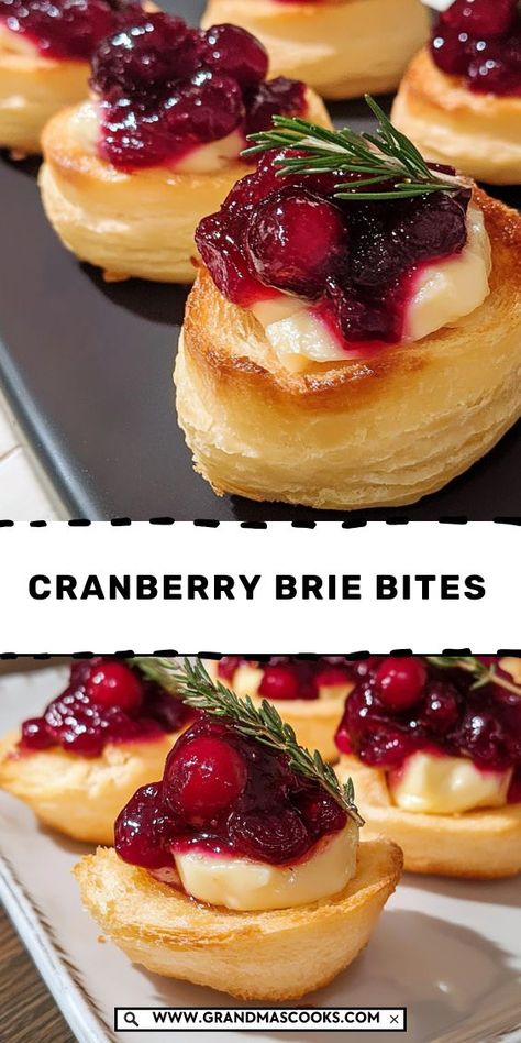 These cranberry brie bites are sweet, savory, and oh-so-easy to make! Perfect for gatherings and holiday parties, with flaky pastry, creamy brie, and tart cranberry. Puffed Pastry Brie Cranberry, Brie And Cranberry Pinwheels, Cranberry Goat Cheese Bites, Pioneer Woman Brie Bites, Crescent Roll Brie Cranberry Appetizer, Brie And Raspberry Appetizer, Apple And Brie Cheese Rolls, Cranberry Brie Crescent Ring, Brie And Cranberry Flowers