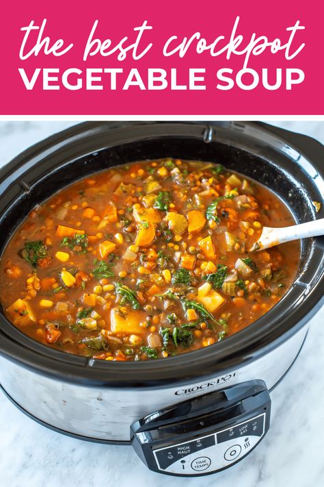 Warm, comforting, and packed with nutritious veggies, this crockpot vegetable soup recipe is sure to become a new family favorite. Perfect for chilly nights or busy days, this soup is easy to make and delicious to eat. Crockpot Veg Soup Recipes, Vegetable Rice Soup Crockpot, Meatless Soup Recipes Crock Pot, Vegetable Soups In A Crock Pot, Healthy Vegetable Crockpot Recipes, Slow Cooker Creamy Vegetable Soup, Homemade Vegetable Soup Crockpot, Vegetable Soup With Chuck Roast, Vegetarian Soups And Stews Crock Pot