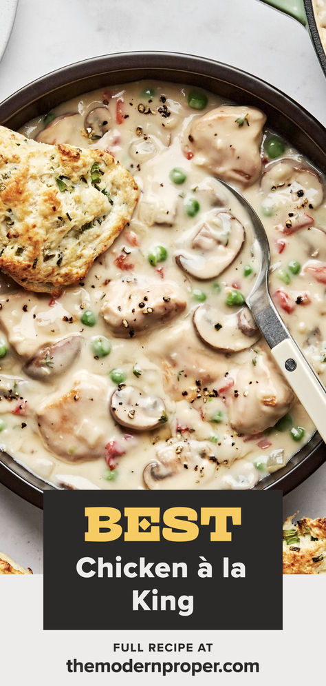 a bowl of Chicken à la King made with chicken, mushrooms and peas in a creamy white sauce served with onion chive biscuits Command Cooking Recipes, Classic Chicken Recipes, Chicken Aka King Recipes, Cozy Chicken Recipes, Chicken A La King Recipes Crockpot, Taste Of Home Chicken Recipes, Crock Pot Chicken A La King, Cooks Country Recipes Chicken, Chicken Continental Recipe