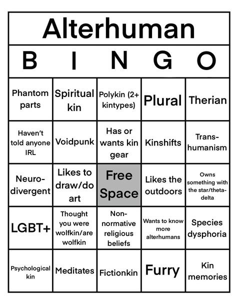 Therian Bingo, Trans Bingo, Plural System, Disassociative Identity, Disassociative Identity Disorder, Human Bingo, Get To Know You Activities, Bingo Sheets, Bingo Template