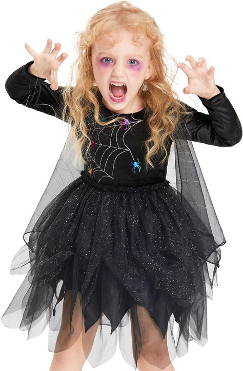 Kids Halloween Up 3-10Years Spider Fancy Dress, Spider Witch Costume, Cape Suit, Cute Witch Costume, Spider Witch, Sheer Cape, Spider Costume, Fluffy Skirt, Witch Dress