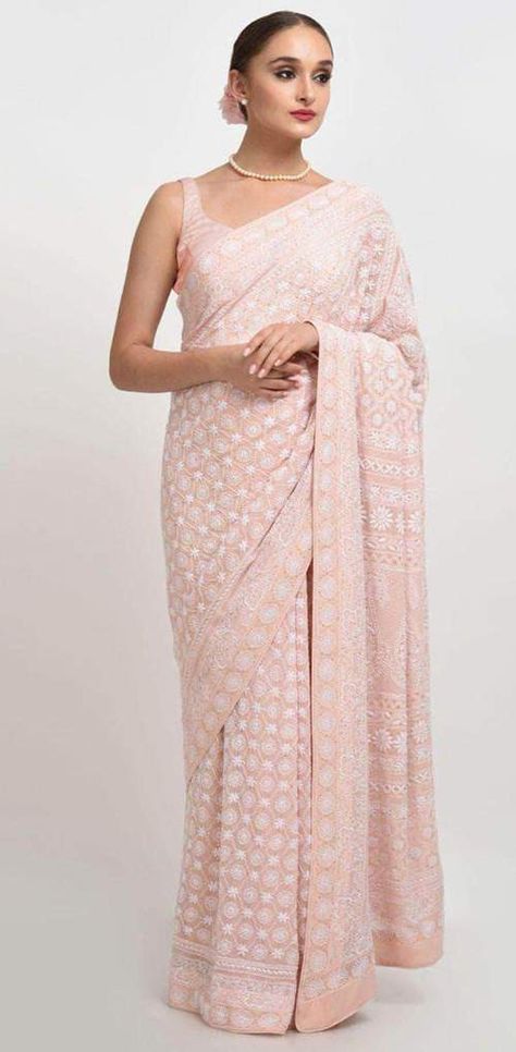 Chikankari Saree – FashionVibes Onion Colour, Chikankari Saree, Character Wardrobe, Pure Georgette Sarees, Dresses Traditional, Traditional Indian Jewellery, Fashion Vibes, Latest Designer Sarees, Indian Bridal Wear