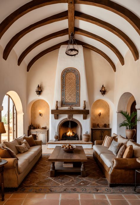 25 Gorgeous Old Spanish-Style Living Rooms to Spark Your Design Inspiration – Cabin Nook Spanish Colonial Living Room Decor, Spanish Style Hollywood Home, Mexican Home Living Room, Hacienda Style Home Decor, Spanish Tile Fireplace, Arizona Decor Interior Design, Spanish Coastal Home, Spanish Ranch Style Homes, Spanish Style Fireplace