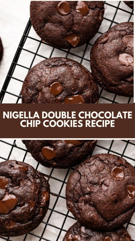 This easy and delicious double chocolate chip cookie recipe is a quick treat that’s perfect for satisfying your chocolate cravings. With a rich, fudgy texture and plenty of chocolate chips, these cookies are simple to make and great for using pantry staples. Whether you prefer semisweet or dark chocolate, they’re sure to be a hit! Nigella Lawson Recipes Desserts, Nigella Lawson Desserts, Double Dark Chocolate Cookies, Double Chocolate Chip Cookie Recipe, Double Chocolate Chip Cookie, Nigella Lawson Recipes, Easy Chocolate Desserts, Dark Chocolate Cookies, Double Chocolate Chip Cookies