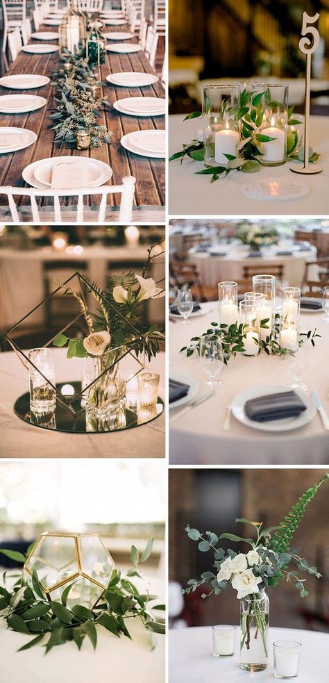 Minimalistic Greenery Wedding, Diy Greenery Centerpiece Wedding, Wedding Minimal Centerpieces, Backyard Wedding Minimalist, Modern Minimalist Centerpiece Wedding, Simple Greenery Centerpiece Wedding, Diy Greenery Centerpiece, Modern Minimalist Wedding Centerpieces, Modern Minimal Wedding Table Decor