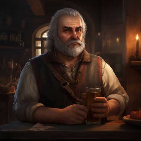 Dnd Tavern Keeper Art, Dnd Shop Keeper Art, Bartender Art Male, Butcher Medieval, Tavern Owner Art, Tavern Keeper Fantasy Art, Bartender Fantasy Art, Fantasy Tavern Keeper, Dnd Waitress