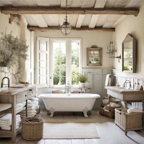 French Cottage Bathroom Ideas, French Cottage Bathroom, Archers Voice, Bathroom Decor Inspiration, Nancy Myers, Bathroom Vibes, Cozy Cabin Decor, France House, Baños Shabby Chic