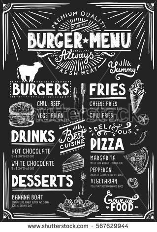 Food menu for restaurant and cafe. Design template with hand-drawn graphic elements in doodle style. Chalkboard Restaurant, Cafe Chalkboard, Chalk Menu, Blackboard Menu, Burger Menu, Food Template, Chalkboard Lettering, Chalk Lettering, Menu Boards