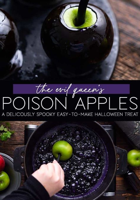 Poison Apple Halloween Treat, Mini Poison Apples, Poison Apple Candy Apple, Poison Caramel Apples, Black Candied Apples, Caramel Poison Apples, Black Poison Candy Apples, Poison Candy Apples Recipe, Gothic Halloween Food