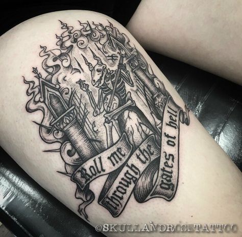 Roll me through the gates of hell! Gate Tattoo, Skull And Rose Tattoo, Hell Tattoo, Gates Of Hell, Rose Tattoo, Tattoo Studio, Skull Tattoo, The Amazing, Tatting