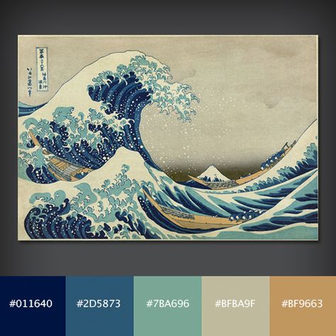 Colour Palette.    The Great Wave off Kanagawa.     a woodblock print, produced somewhere between 1830 and 1833 by the Japanese artist Hokusai.  The shape and colour of the waves is mirrored by the mountain in the background. Japanese Colors, Japanese Waves, The Great Wave, Famous Paintings, Great Wave Off Kanagawa, Color Palette Design, Arte Inspo, Japanese Artists, Woodblock Print