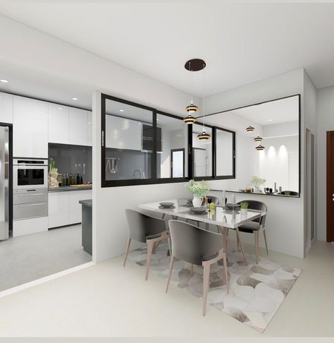 Modern Semi Open Kitchen Design, Semi Open Kitchen Design, Bi Folding Doors Kitchen, Bto Kitchen, Semi Open Kitchen, Open Kitchen Design, Kitchen 2022, Scandi Kitchen, Room Scandinavian