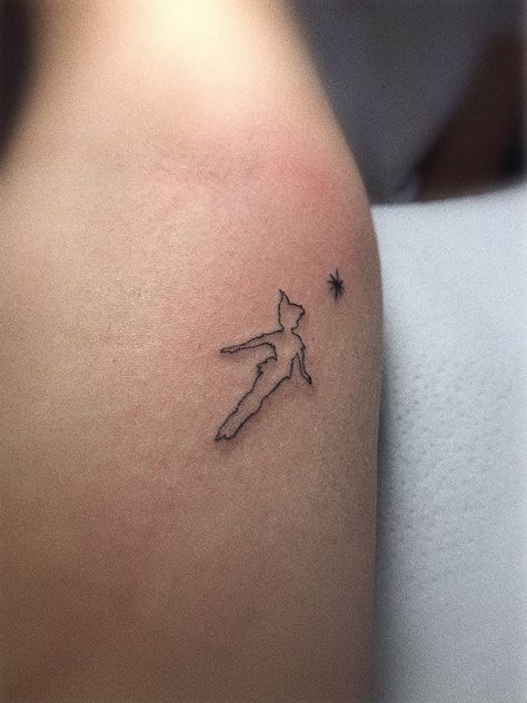 Peter Pan Fine Line Tattoo, Simple Peter Pan Tattoo, Christmas Fine Line Tattoo, Peter Pan Inspired Tattoos, Peterpan Tattoo, Peter Pan Tattoo Ideas, Disney Tattoos Peter Pan, Disney Minimalist Tattoo, Peter Pan Tattoos