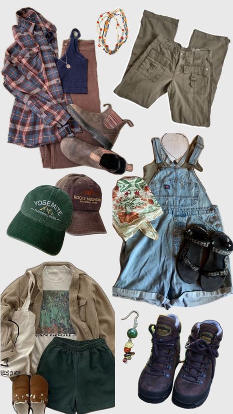 Granola girl aesthetic outfits, national park hats, hiking boots, beaded jewelry, overalls, bandanas, shorts, hiking pants, Tevas sandals Granola Girl Aesthetic Outfits, Outdoorsy Outfits, Granola Girl Outfits, Granola Outfits, Girl Aesthetic Outfits, Outdoorsy Girl, Granola Girl Aesthetic, Hiking Outfits, Earthy Outfits