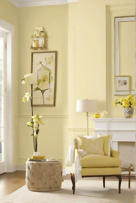 home decor interior design, home interior design, interior bedroom design, living room interior Yellow Paint Colors For Living Room, Pale Yellow Living Room Ideas, Sw Yellow Paint Colors, Sherwin Williams Pale Yellow, Light Yellow Living Room Walls, Light Yellow Wall Paint, Best Interior Paint Colors 2024, Color For Living Room Walls, Yellow Living Room Walls