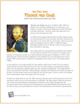 Hey Kids, Meet Vincent van Gogh | Biography - http://makingartfun.com/htm/f-maf-printit/van-gogh-printit-biography.htm Van Gogh Biography, Van Gogh Printable, Artist Van Gogh, Art Handouts, Istoria Artei, Art Theory, Art Worksheets, Art Curriculum, Artist Biography