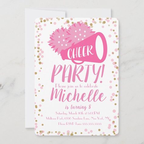 Cheer Birthday Party Invitations, Cheerleading Birthday Invitations, Cheerleader Birthday Party, Cheerleading Birthday, Cheer Birthday Party, Girl Birthday Invitations, Cheerleader Birthday, Cheerleading Party, Confetti Invitation