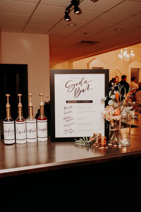 Mocktail Drink Station Wedding, Soda Bar Sign Wedding, Drink Corner Party, Drink Bar For Wedding, Soda Bar For Wedding, Wedding Bar Games, Alcohol Free Wedding Ideas, Italian Soda Bar Wedding Receptions, Soda Bar At Wedding