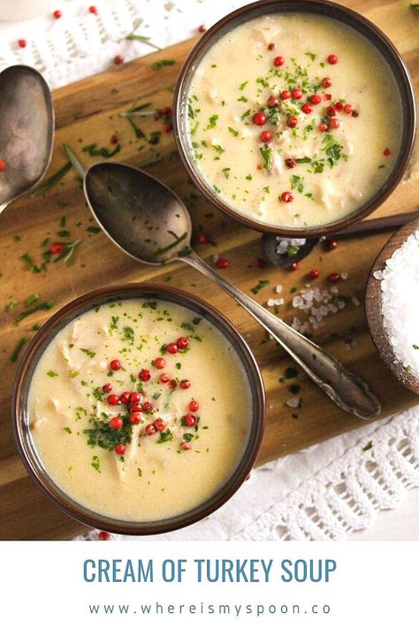 This cream of turkey soup with potatoes and vegetables is a comforting and super delicious way of dealing with leftover turkey. #whereismyspoon #turkeysoup #leftoverturkeysoup #creamofturkeysoup #leftoverssoup #thanksgivingleftovers Cream Of Turkey, Cream Of Turkey Soup, Slow Cooker Turkey Soup, Creamy Turkey Soup, Homemade Turkey Soup, Soup Turkey, Turkey And Dumplings, Creamed Turkey, Leftover Turkey Casserole