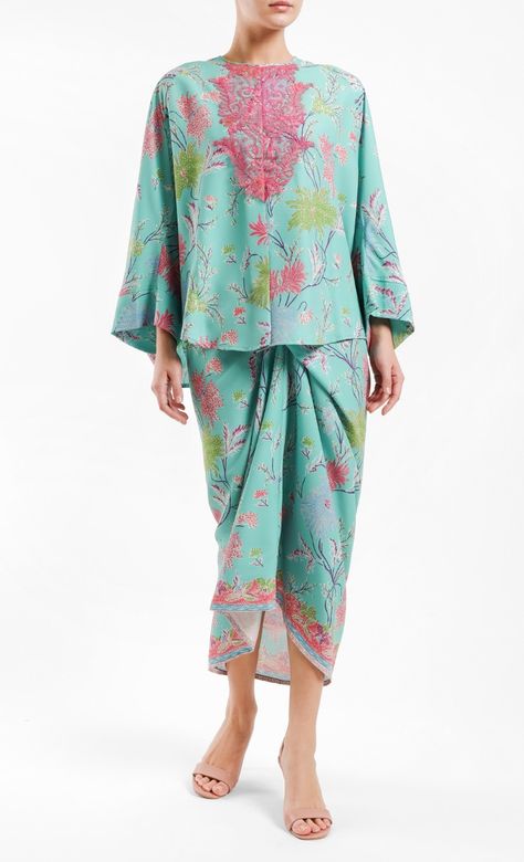 Ella Kaftan Kurung Set in Baby Blue & Off White | FashionValet Kurung Kaftan, Baju Kurung Moden Style, Creative Dresses, Raya Design, Raya 2022, Guest Ideas, Blue Hijab, Kaftan Pattern, Batik Kebaya