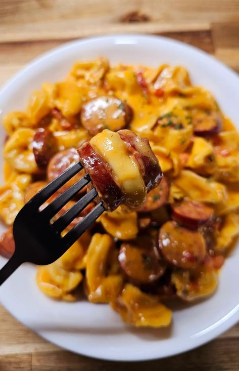 Cheesy Sausage & Tortellini - Homemade on a Weeknight Instant Pot Cheese Tortellini Recipes, Tortellini Sausage Pasta, Smoked Sausage Tortellini Soup, Keilbasa Recipes Tortellini, Tortellini Kielbasa Recipes, Tortellini And Smoked Sausage Recipes, Smoked Sausage And Tortellini Recipes, Kielbasa And Tortellini Recipes, Tortellini And Kielbasa Recipes