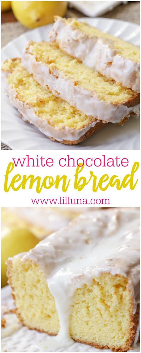 White Chocolate Lemon Bread recipe - so soft, so flavorful and topped with a delicious glaze that everyone loves. Breakfast Christmas Party, Lemon Ideas, Lemon Bread Recipe, White Chocolate Bread, Lemon White Chocolate, Lemon Bread Recipes, Breakfast Christmas, Chocolate Lemon, Lil Luna