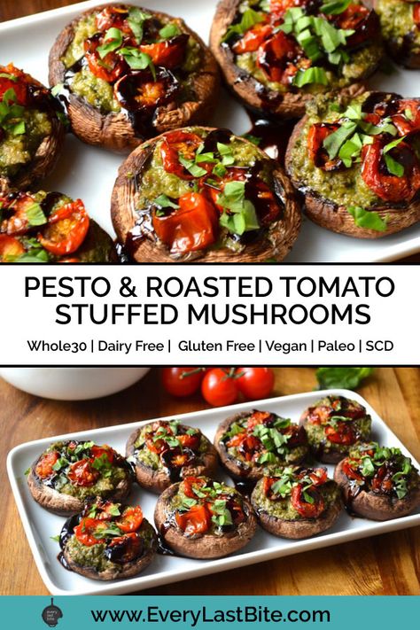 These delicious Pesto Stuffed Mushrooms and filled with juicy oven roasted tomatoes and drizzled with balsamic glaze. (Whole30, Vegan, Paleo) Whole 30 Vegetable Recipes, Eggless Snacks, Veggie Stuffed Mushrooms, Stuffed Mushrooms Vegan, Mushroom Pesto, Tomato Stuffed, Vegan Stuffed Mushrooms, Whole30 Vegan, Oven Roasted Tomatoes