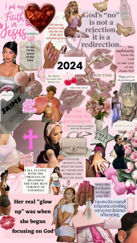 cute girly 2024 vision board Girly Girl Vision Board, Pretty Girl Vision Board, Girly Mood Board, Girly Vision Board, Vision Board Design, Notion Library, Vision Board Template, Manifesting Vision Board, 2024 Vision Board