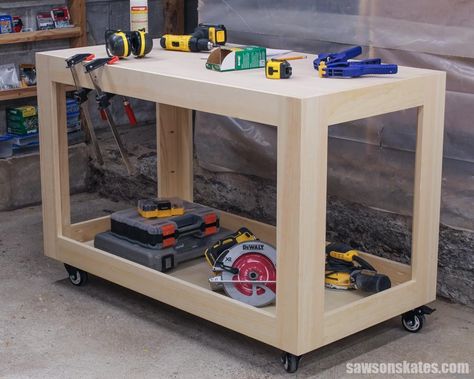 Turn disarray into delight with this simple DIY workshop utility cart! It’s an easy weekend project you can make with only three tools! Upgrade your shop and say goodbye to chaos and hello to storage and organization. Diy Cart, Easy Weekend Projects, Garage Organisation, Craft Cart, Rolling Utility Cart, Workshop Plans, Tool Cart, Wood Projects For Beginners, Easy Wood