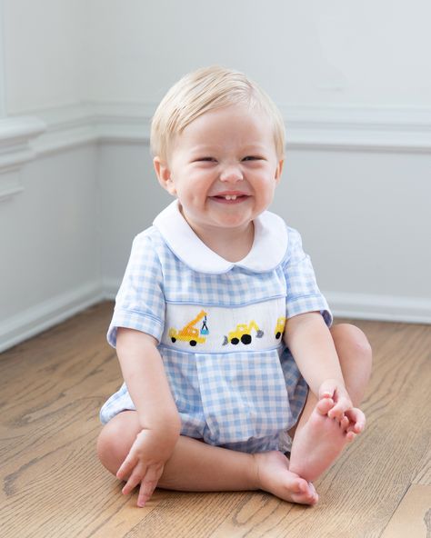 We know it can be hard to find cute clothes for your little boys! That's why we designed our exclusive boy collection, Can U Dig It, featuring a soft blue gingham knit and smocked yellow construction trucks! 🚜 #annreeveskids #annreevescelebrates #celebratebeinglittle #boybubble #childrensclothing #smockedchildrensclothes #littleboyoutfits #babyboyoutfit #babyboy #dumptrucktoys Smocked Boy Outfits, Baby Boy Smocked Outfits, Southern Baby Boy Outfits, Preppy Baby Boy Outfits, Baby Boy Church Outfit, Preppy Toddler Boy Outfits, Preppy Toddler Boy, Boys Church Outfit, Preppy Toddler