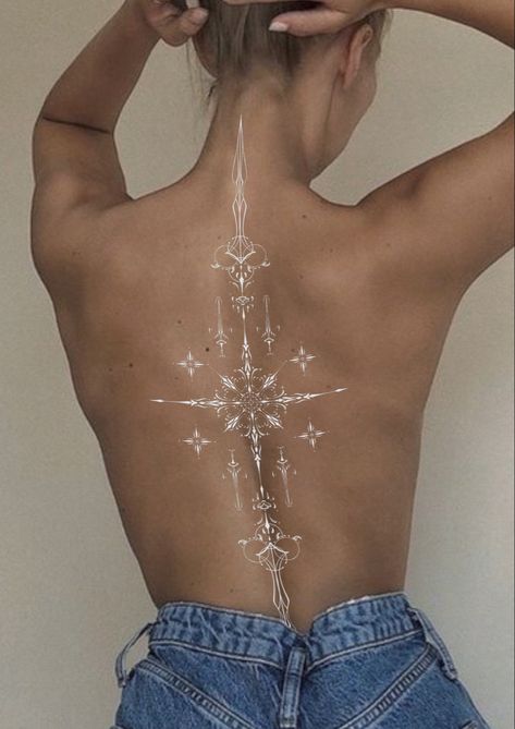 Back Astrology Tattoo, Back Tattoo Women Sagittarius, Around The Waist Tattoo, Henna Spine Tattoos For Women, Aztec Spine Tattoos For Women, Tasteful Back Tattoos, White Ink Back Tattoo Women, Runes Back Tattoo, Ornamental Tattoo Design Spine