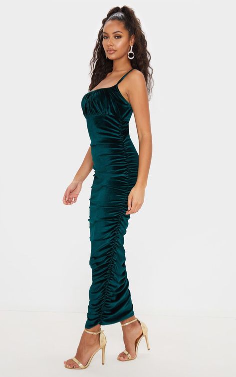 Emerald Green Velvet Strappy Ruched Midi Dress Green Hoco Dress, Green Satin Dress, Green Bodycon Dress, Short Green Dress, Green Silk Dresses, Emerald Dresses, Green Lace Dresses, Ruched Maxi Dress, Green Velvet Dress