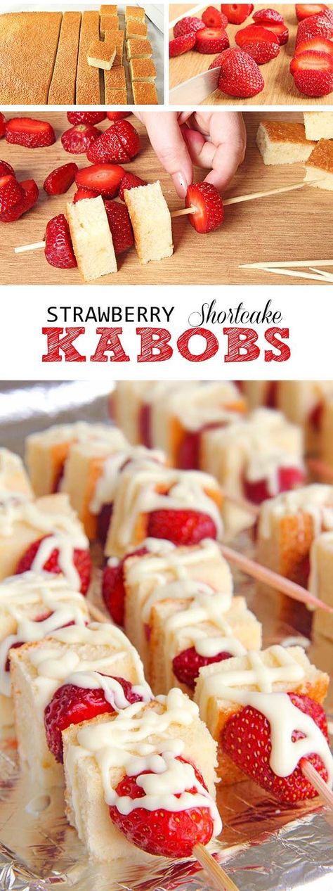 This strawberry Shortcake kabobs are your ticket to becoming a backyard-barbecue legend, perfect for 4th of July any other time you get the hankering to stick shortcake cubes and fruit on a skewer, drizzle with white chocolate and eat yourself sick. Strawberry Shortcake Kabobs, Recipe Strawberry, Strawberry Birthday, Fruit Kabobs, Strawberry Party, Sweet Birthday, Monkey Bread, Think Food, Yummy Sweets