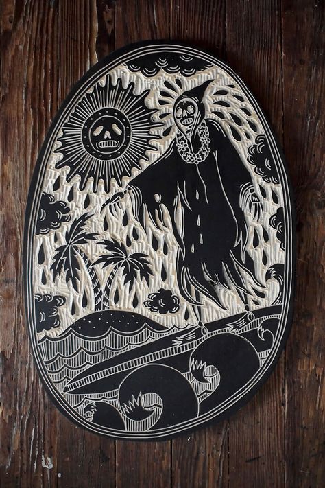 Bryn Perrott’s cool wood carvings are the result of: A) she was a printmaking major in college, B) she has worked in a tattoo shop which influenced her illustration style. Some of her designs have a cartoon flair, for example the Grim Reaper who is flustered as he surfs four waves near a paradisiac island;... Tattoo Cross, Woodcut Tattoo, Woodcut Art, Lino Printing, Linoleum Print, Linocut Printmaking, Lino Art, Relief Printing, Linocut Art