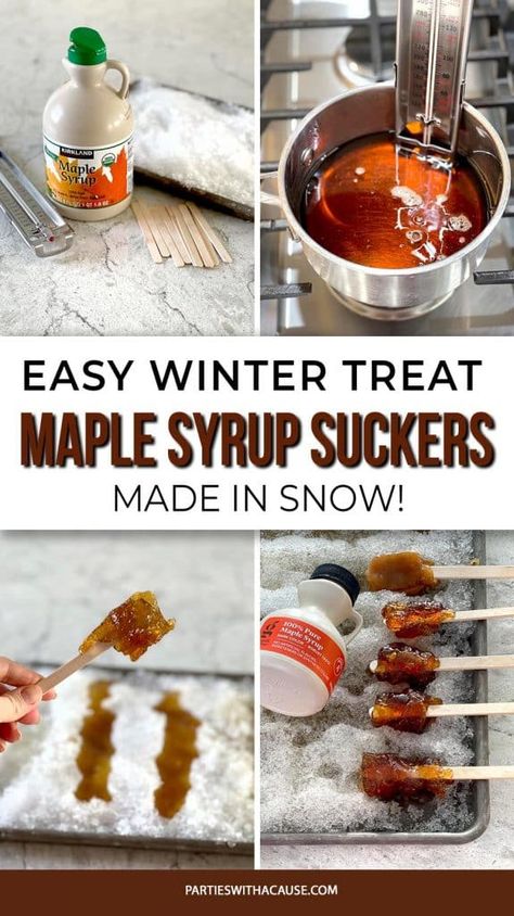 Looking for a tasty winter time activity? Try making this maple syrup candy in the snow! It's so easy and your kids will be amazed at the magic winter treat! Get the recipe along with tips and tricks at PartiesWithACause.com Maple Syrup Snow Candy, Maple Snow Candy, Frozen Maple Syrup, Snow Candy Recipes, Maple Syrup Activities For Kids, Maple Syrup On Snow, Maple Syrup Candy, Nature Decorations, Snow Candy