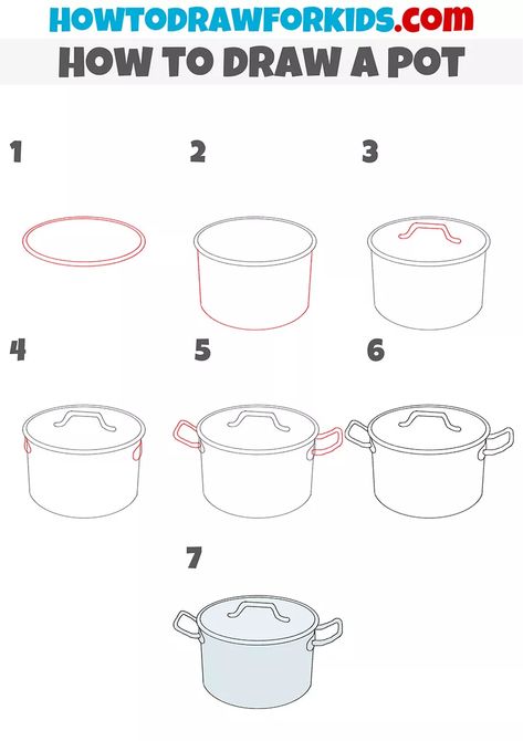 How to Draw a Pot - Easy Drawing Tutorial For Kids How To Draw A Kitchen, Easy Objects To Draw, Draw Objects, Furniture Drawing, Morse Code Words, Homework Activities, Bee Clipart, Kitchen Drawing, Easy Cartoon Drawings