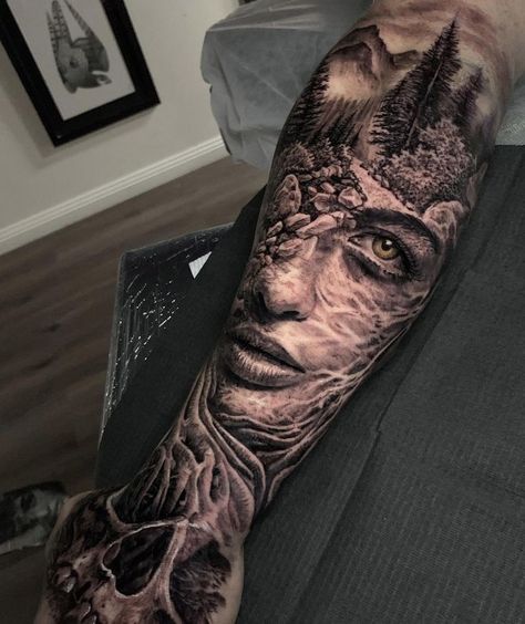 Mother Nature tattoo by Dylan Weber, an artist at Atlnts Studio in Sydney, Australia. Mother Nature Tattoo, Mother Earth Tattoo, Face Tattoos For Women, Animal Sleeve Tattoo, Mother Nature Tattoos, Nature Tattoo Sleeve, Girl Face Tattoo, Realistic Tattoo Sleeve, Lion Head Tattoos