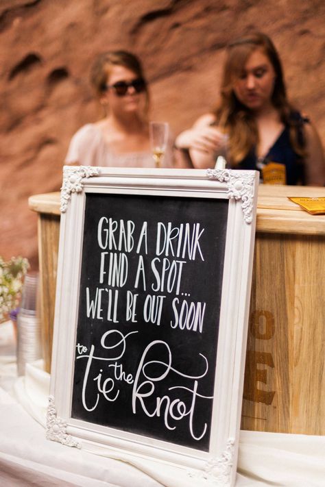 Red Rocks Cave Wedding | Morrison Real Wedding | Item 24 via Rocky Mountain Bride Pre Wedding Ceremony Ideas, Ceremony Drinks Wedding, Drinks At Wedding Ceremony, Ceremony Drinks, Wedding Ceremony Drinks, Drink Responsibly Sign Wedding, Pre Ceremony Drinks, Drinks Before Wedding Ceremony, Grab A Drink Before Ceremony