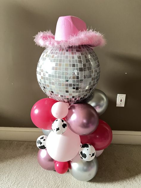 Pink Cowgirl Party Kids, Yee Haw Birthday Party, Disco Cowgirl 1st Birthday Outfit, Disco Cowgirl First Birthday Photoshoot, 30th Birthday Ideas For Women Cowgirl, Pink Rodeo Theme Party, 18th Birthday Party Cowgirl, Disco Cowgirl Second Birthday Party, Disco Cowgirl Table Decorations