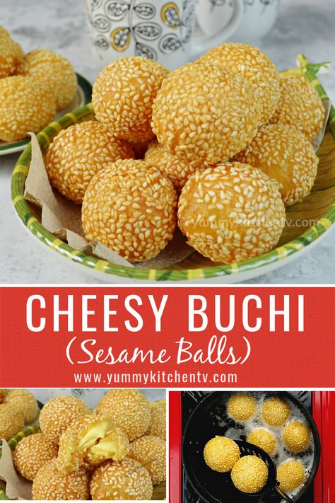 A perfect buchi recipe that doesn't shrink, sesame seeds stay intact, and with crunchy outside but soft and chewy in the inside. You may use any filling you want and adjust the sweetness (sugar) as desired. Happy cooking!Cheesy Buchi RecipeINGREDIENTS 2 cups glutinous... Buchi Recipe Glutinous Rice, Buchi Recipe, Chinese Fast Food, Sesame Balls, Smashed Sweet Potatoes, Filipino Dessert Recipes, Yummy Kitchen, Mashed Sweet Potato, Steamed Sweet Potato